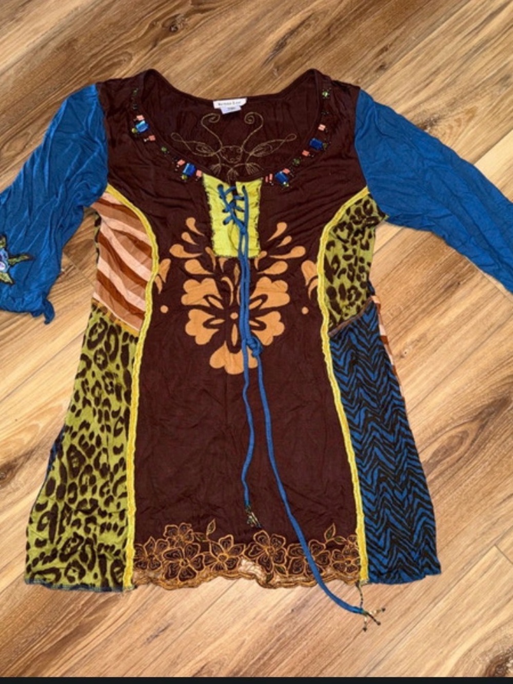 Boho Mixed-Print Lace-Up Women’s Top - Multicolor embroidered beaded Krista Lee